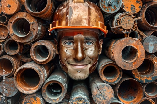 Man in Hard Hat Surrounded by Pipes © lublubachka