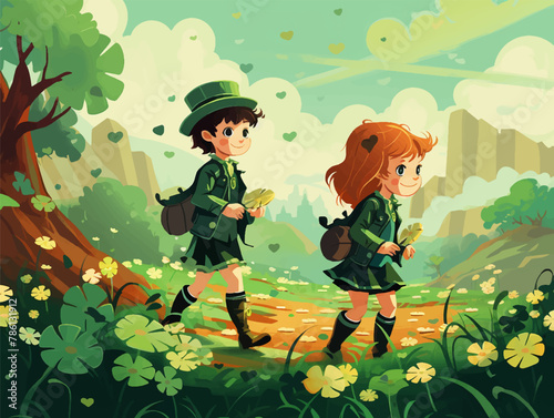 Illustration of children on a shamrock hunt st patricks day