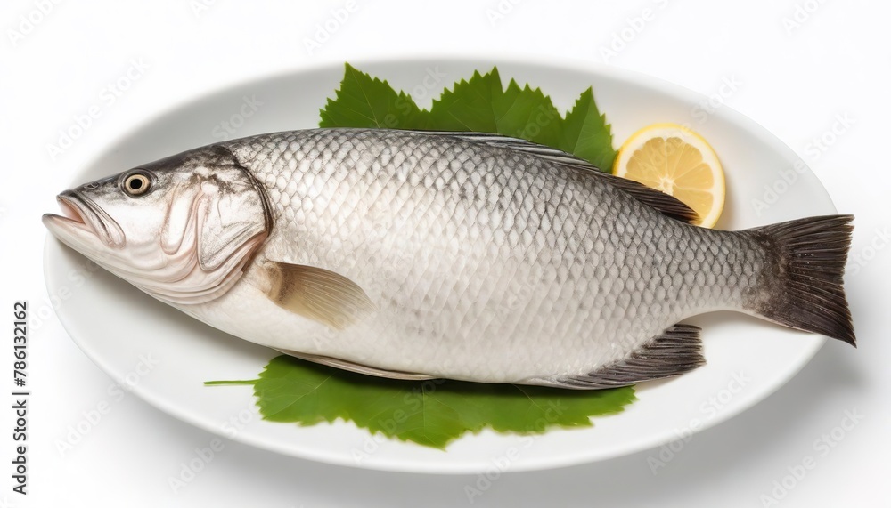 barramundi or seabass fish in dish isolated on white background