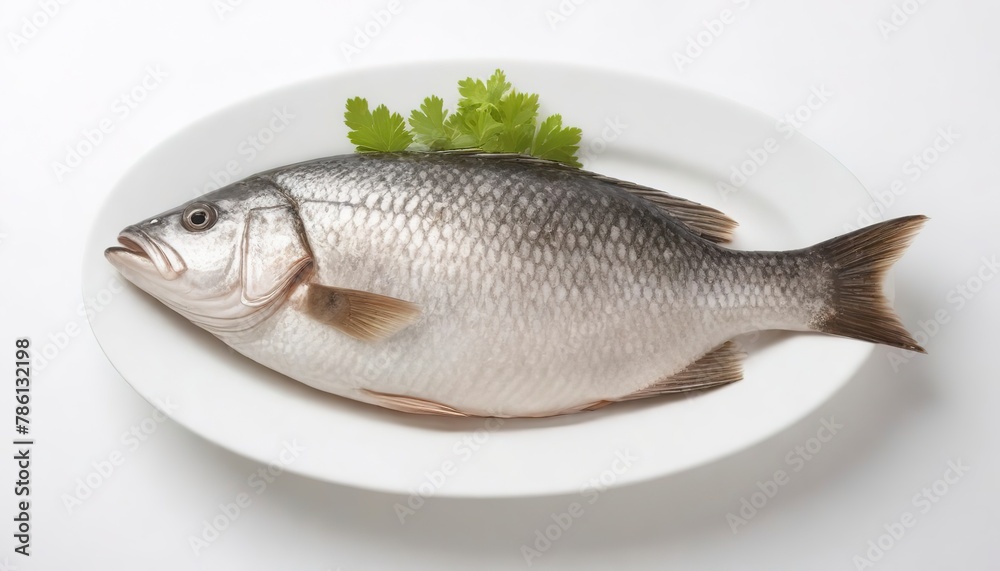 barramundi or seabass fish in dish isolated on white background