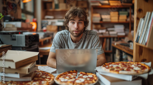 AI generated illustration of a man using a laptop, sitting at a desk with pizzas