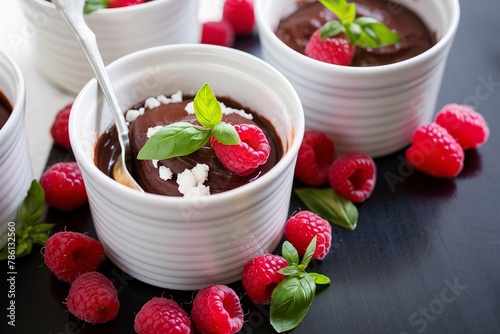 Chocolate pudding with raspberries and basil baked in ramekins