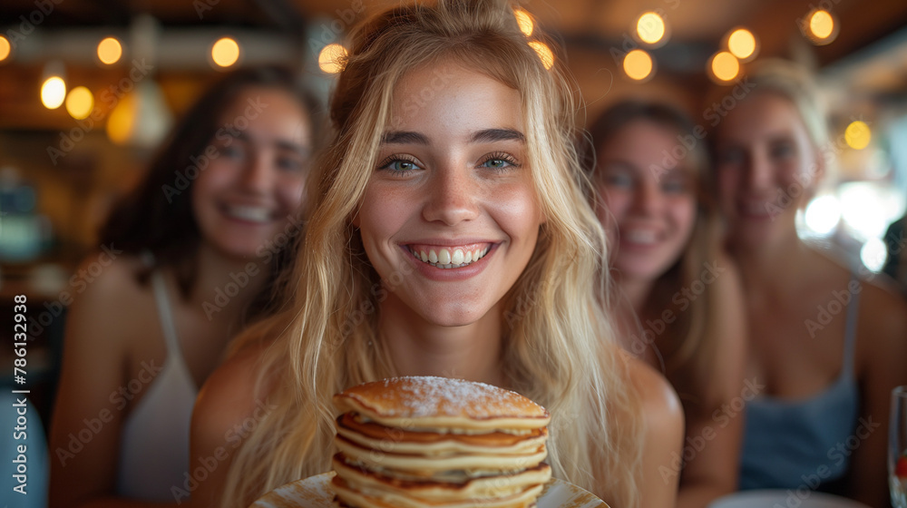 AI generated illustration of a girl holding a plate of pancakes AI generated illustration of a girl holding a plate of pancakes
