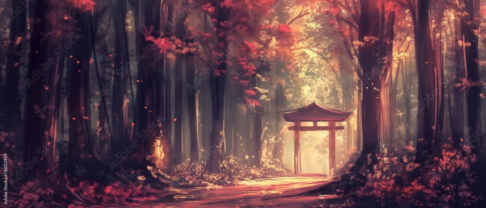 Naklejka premium Asian entrance gate of temple in lush maple forest, artful painting style illustration with grungy brush stroke texture, Generative Ai