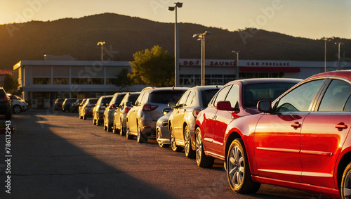 a lineup of various cars parked at a car rental agency during sunset, with the sunlight casting a golden glow over the scene