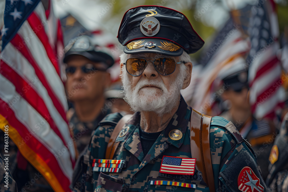 Veterans marching in a memorial day parade, carrying banners and flags Veterans marching in a memorial day parade, carrying banners and flags