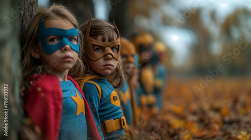 AI generated illustration of young kids in superhero costumes pose by a tree photo