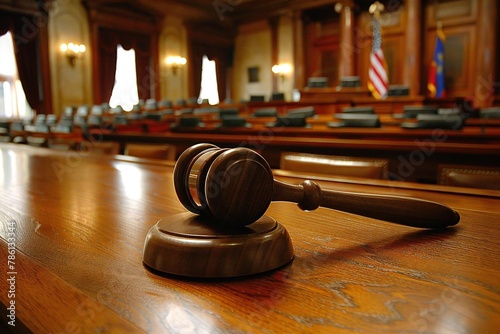 Regulated legal liability settlement in courtroom with gavel photo