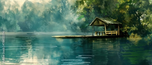 bamboo pavilion at river shore, artful painting style illustration with grungy brush stroke texture, Generative Ai