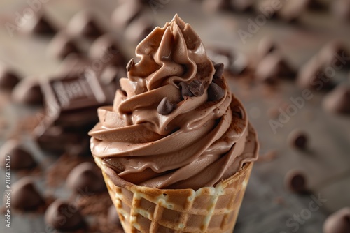 Close-up chocolate soft serve ice cream cone.