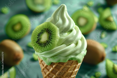 Close-up soft serve ice cream cone with kiwi fruit.