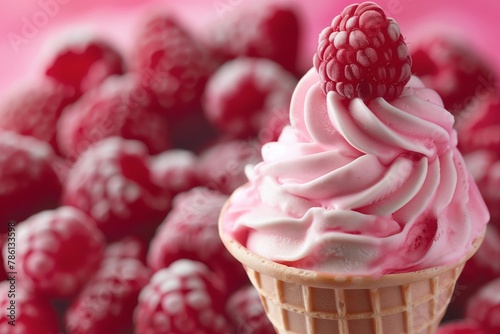 Close-up soft serve ice cream cone with raspberries and fresh berries on the background.
