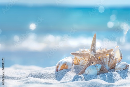 Starfish and seashells on the white sand beach and with blue sea on background, blurred background, summer vacation concept. Copy space.