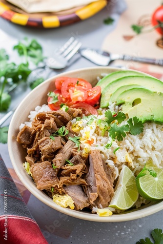 Pork carnitas bowl or burrito bowl with rice  tomatoes and avocado