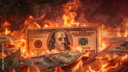 One hundred dollar bills burning on fire. photo