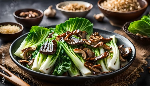 Baby Bok choy or chinese cabbage in oyster sauce with Shitake Mushrooms and fried garlic.
 photo