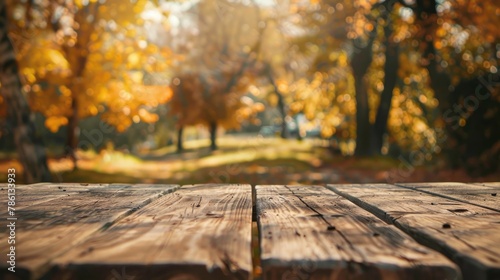 An autumn backdrop frames an unoccupied wooden table photo