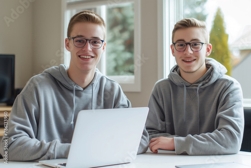 Two smiling young men, in glasses and wearing a grey hoodie, working on a laptop in an office. Looking at the camera.