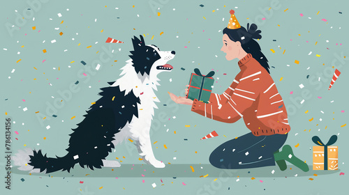 woman in sweater with deer giving present to dog on the background of confetti photo