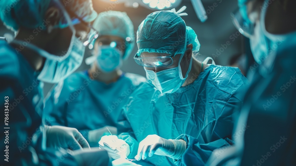 Low Angle Shot in the Operating Room, Assistant Hands out Instruments to Surgeons During Operation. Surgeons Perform Operation. Professional Medical Doctors Performing Surgery. Low Angle Shot in the Operating Room, Assistant Hands out Instruments to Surgeons During Operation. Surgeons Perform Operation. Professional Medical Doctors Performing Surgery.