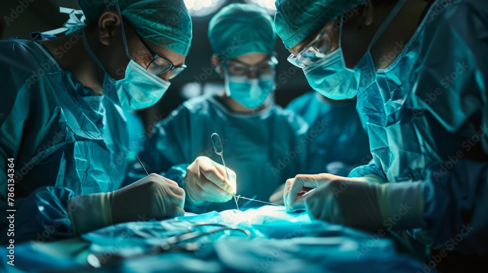 Low Angle Shot in the Operating Room, Assistant Hands out Instruments to Surgeons During Operation. Surgeons Perform Operation. Professional Medical Doctors Performing Surgery. Low Angle Shot in the Operating Room, Assistant Hands out Instruments to Surgeons During Operation. Surgeons Perform Operation. Professional Medical Doctors Performing Surgery.