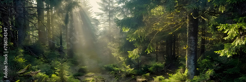 Rays of sunlight in the spruce forest. Sun shining through trees in mountain forest. Beauty of nature.