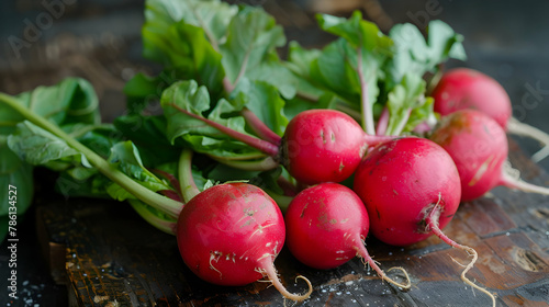 Fresh radishes with leafy greens on a dark wooden surface with visible water droplets.