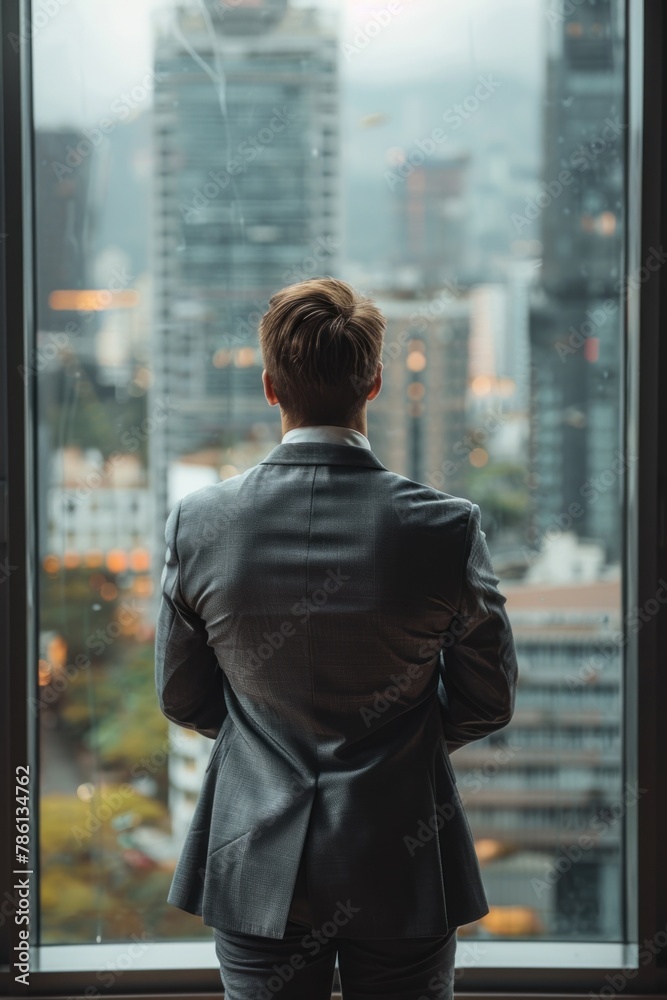Businessperson in Suit Looking Out Window Businessperson in Suit Looking Out Window