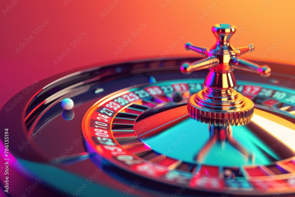 A colorful, plastic, fake roulette wheel with a black and white ball on top A colorful, plastic, fake roulette wheel with a black and white ball on top
