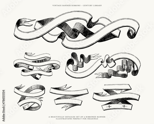 Vintage Ribbon and Banner Line Art Illustrations - Decorative and Downloadable Design Assets