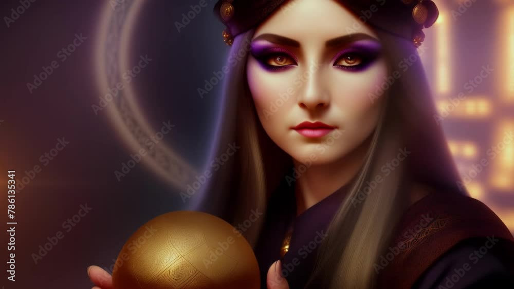 A beautiful mysterious fortune teller with piercing eyes predicts fate on a magic ball, cyclic video A beautiful mysterious fortune teller with piercing eyes predicts fate on a magic ball, cyclic video