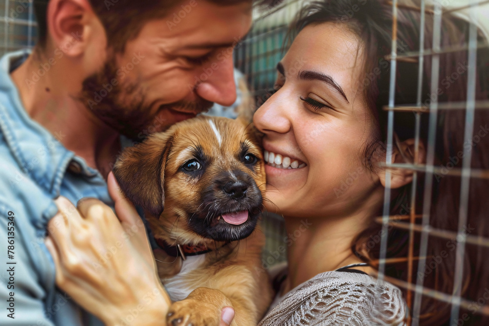 happy couple with cute adopted puppy in the dogs shelter - obrazy, fototapety, plakaty 