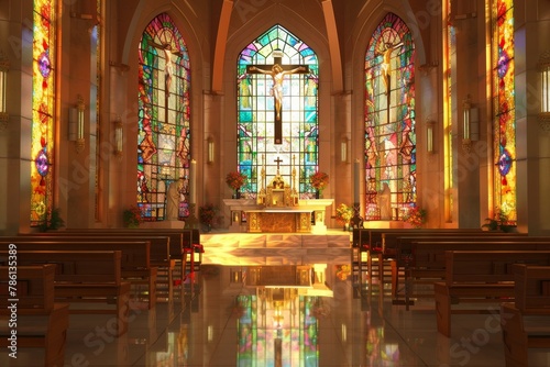 church with stained glass windows and a cross on the altar