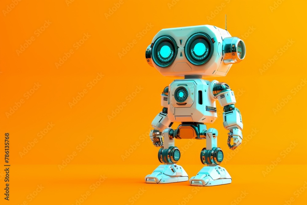 A robot is standing on a background