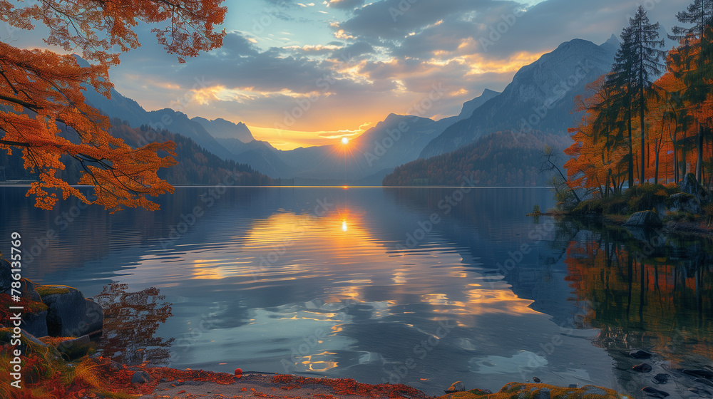 A serene lake is enveloped by autumnal red-leaved trees, mirroring the majestic mountain illuminated by the rising sun
