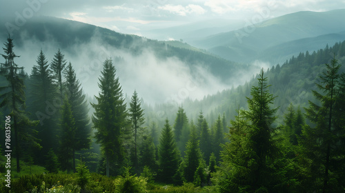 A veil of mist hangs over a lush green forest nestled in the foothills of majestic mountains