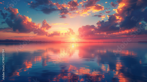  A calm lake mirrors a fiery sunset