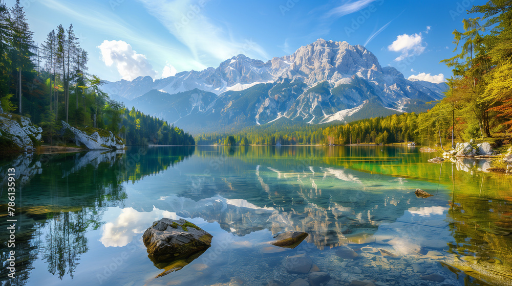 At Eibsee Lake, the tranquil waters reflect the majestic silhouette of Zugspitze Mountain in the distance