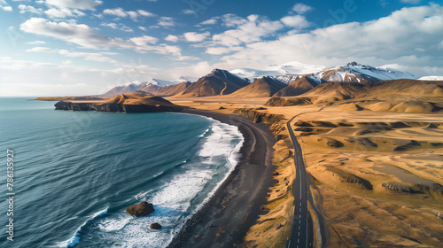 A long, curving road disappears into the distance on a vast coastal plain, meeting a beach bathed in warm sunlight