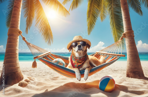 a dog in vacation style, relaxing on a hammock on the beach © Meeza