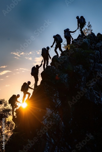Group of People Climbing Mountain Ridge