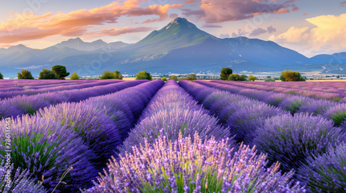 A sea of purple lavender stretches towards majestic mountains