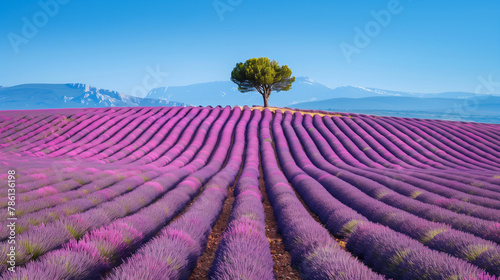 A lone tree stands sentinel amidst a sea of purple lavender under a clear blue sky