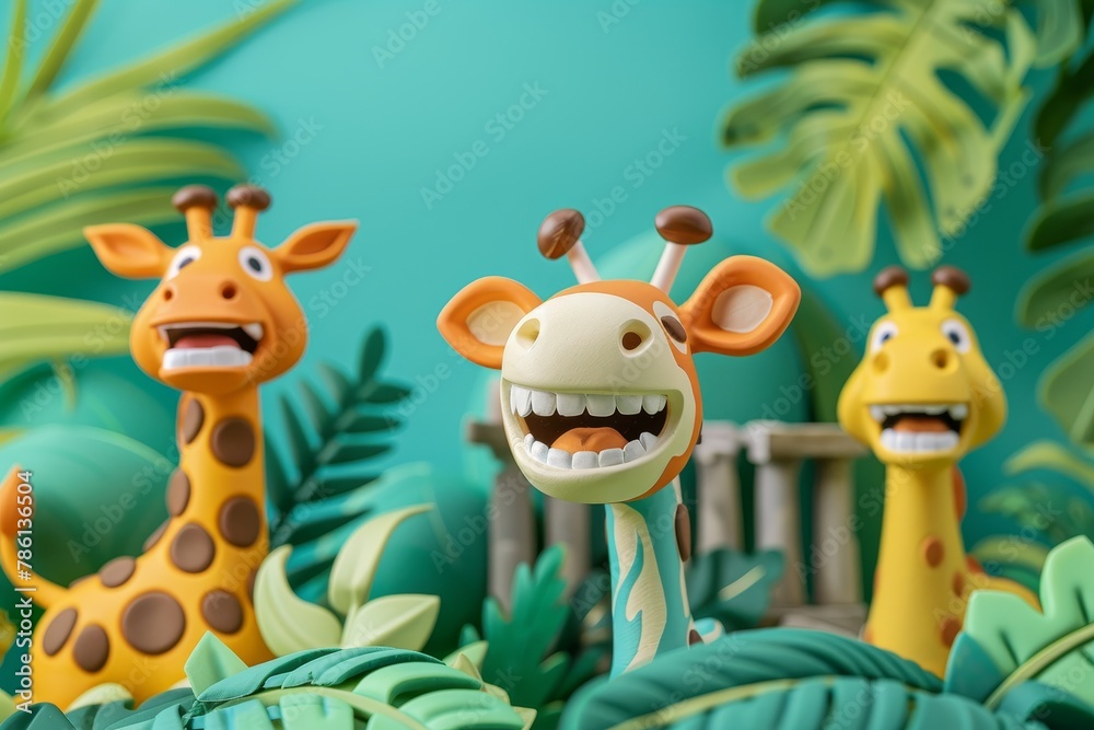 Three giraffes are standing in a jungle with their mouths open Three giraffes are standing in a jungle with their mouths open