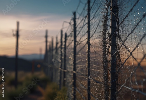 State border with high razor barbed wire fencing on sunset photo