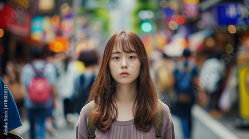 A Japanese woman stands in a busy street. She is wearing a blue jacket. The scene is bustling with people and traffic, creating a sense of energy. a teenage Japanese girl standing on a busiest street