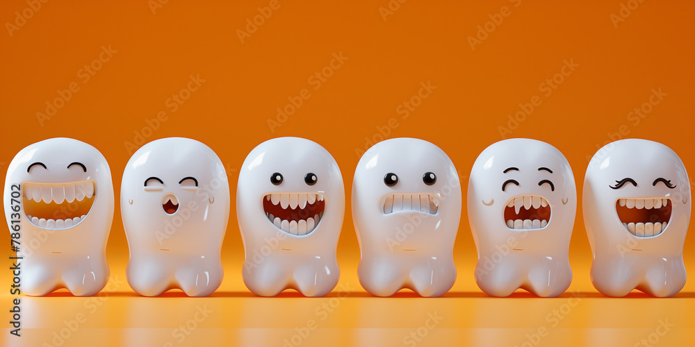 3D rendering of emotions in the form of white teeth on an orange background 3D rendering of emotions in the form of white teeth on an orange background