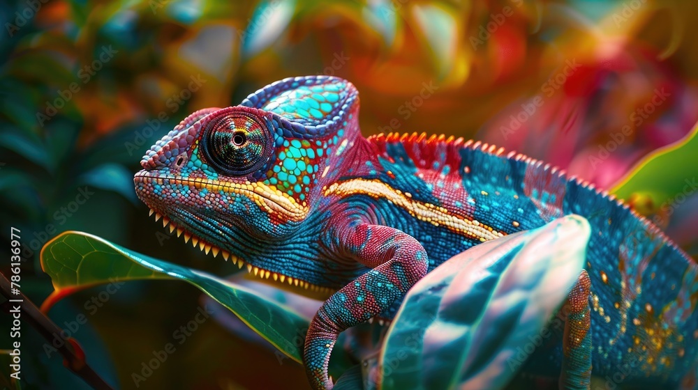 A curious chameleon, its eyes swiveling independently as it blends seamlessly into its surroundings, vibrant colors against a backdrop of lush tropical foliage.