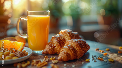 Breakfast with coffee  croissants and fruits on wooden table