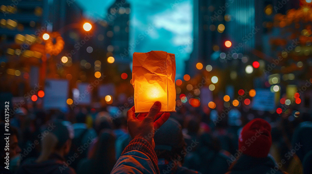 Illuminated Lantern Held High at a Vibrant Street Protest - obrazy, fototapety, plakaty 